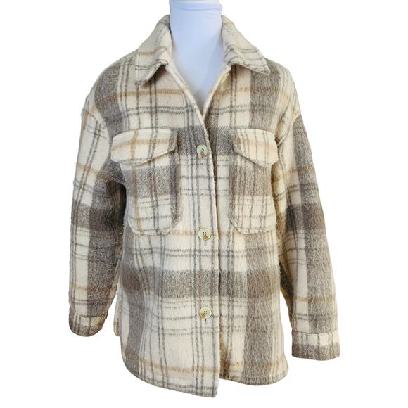 ZARA Sz XS Plaid Shirt Jacket Shacket Tan Brown Long Sleeve Bloggers Favorite - Picture 1 of 10